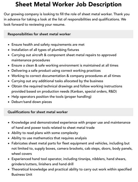 job description of sheet metal worker|hvac sheet metal job description.